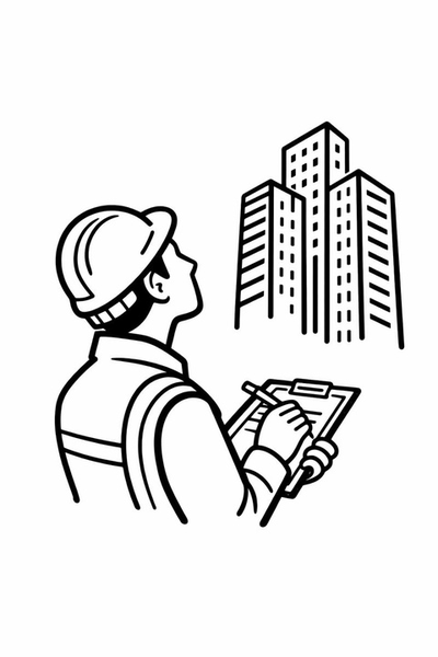建物を調査する調査員のイラスト
